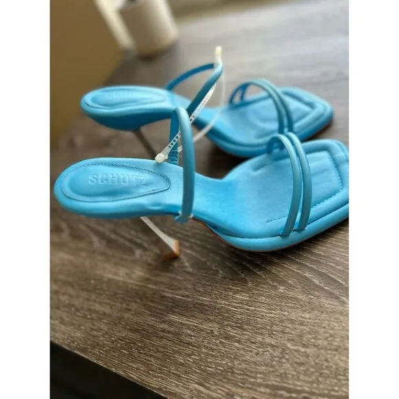 Schutz Womens 9.5 True Blue Silver Shoes Agatha Square Toe Sandal Heels Shoes