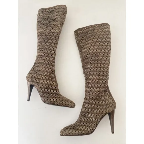 Sergio Rossi Square Toe Tall Woven Boots w Heel Shoes