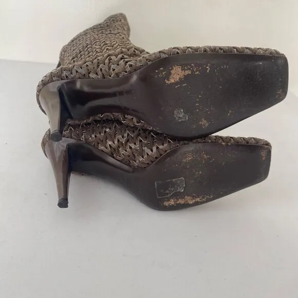 Sergio Rossi Square Toe Tall Woven Boots w Heel Shoes