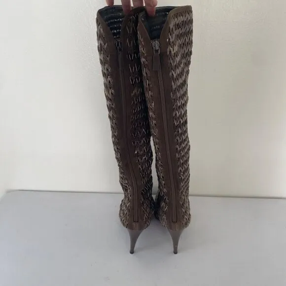 Sergio Rossi Square Toe Tall Woven Boots w Heel Shoes