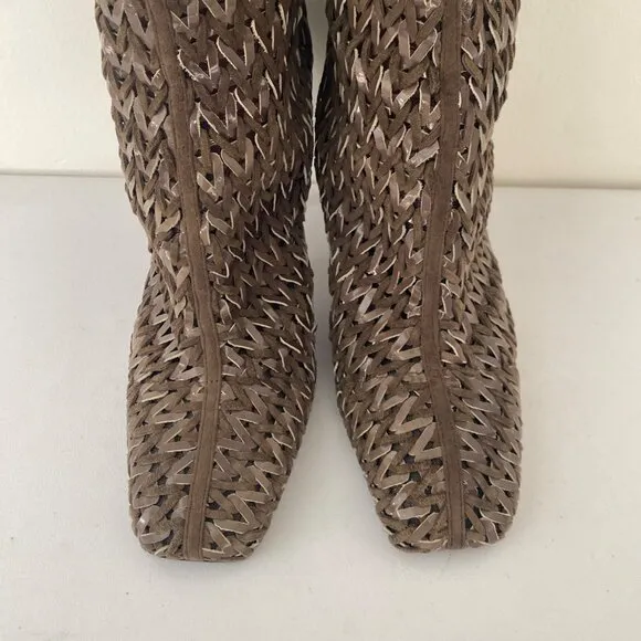 Sergio Rossi Square Toe Tall Woven Boots w Heel Shoes