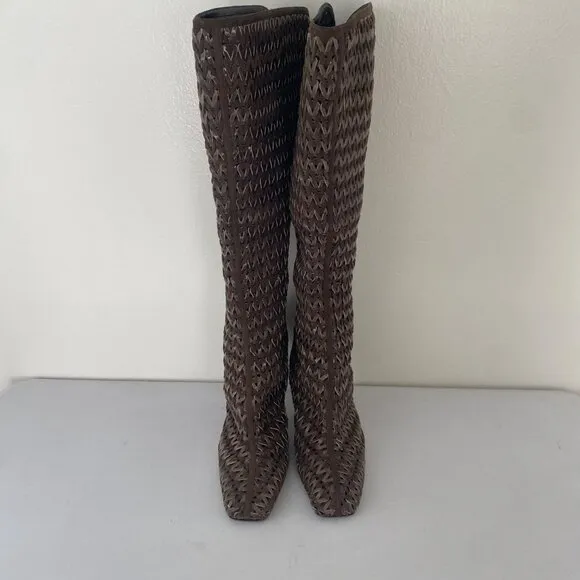 Sergio Rossi Square Toe Tall Woven Boots w Heel Shoes