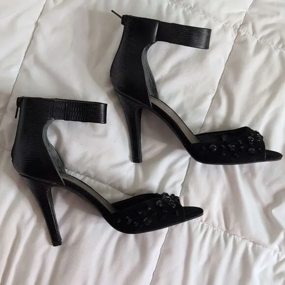 Seychelles size 8 Black Rhinestone Open Toe Heels with Ankle Strap
