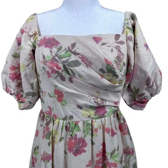 Shoshanna Zarah Ivory Linen Floral Print Puff Sleeve Corset Midi Dress Women 6