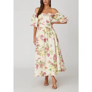 Shoshanna Zarah Ivory Linen Floral Print Puff Sleeve Corset Midi Dress Women 6