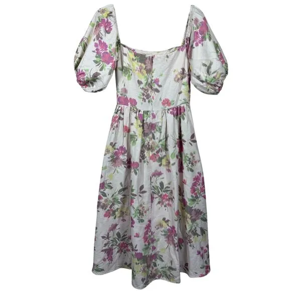 Shoshanna Zarah Ivory Linen Floral Print Puff Sleeve Corset Midi Dress Women 6