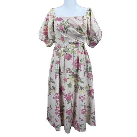 Shoshanna Zarah Ivory Linen Floral Print Puff Sleeve Corset Midi Dress Women 6