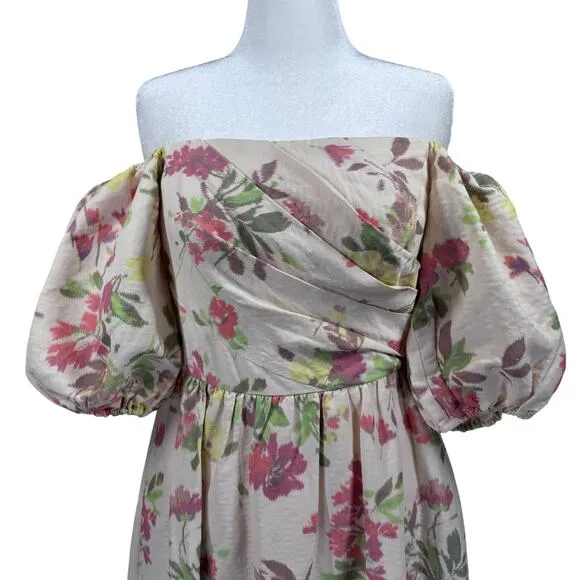 Shoshanna Zarah Ivory Linen Floral Print Puff Sleeve Corset Midi Dress Women 6