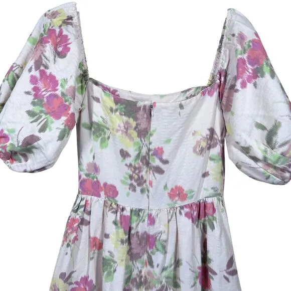 Shoshanna Zarah Ivory Linen Floral Print Puff Sleeve Corset Midi Dress Women 6