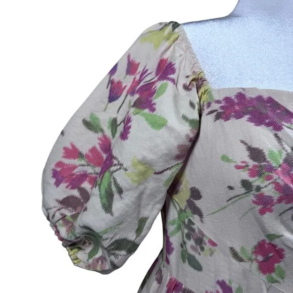 Shoshanna Zarah Ivory Linen Floral Print Puff Sleeve Corset Midi Dress Women 6