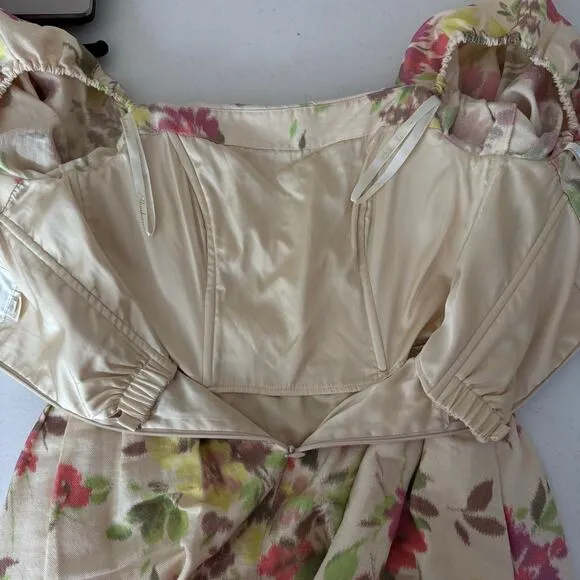Shoshanna Zarah Ivory Linen Floral Print Puff Sleeve Corset Midi Dress Women 6