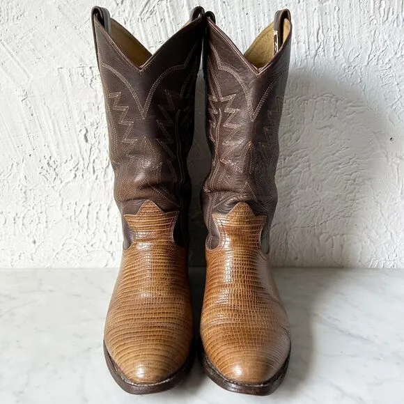 Siete Leguas Teju Lizard Brown Leather Vintage Western Cowboy Boots-Men's Size 8