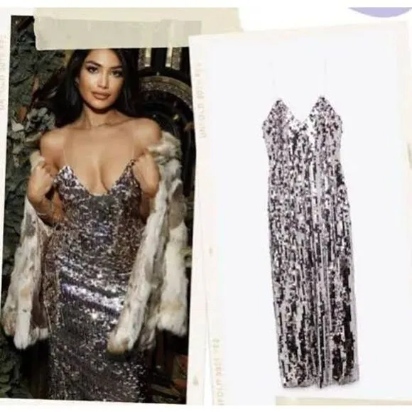 SILVER STRAPPY SEQUIN DRESS ZARA