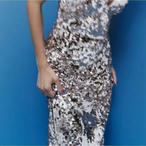SILVER STRAPPY SEQUIN DRESS ZARA