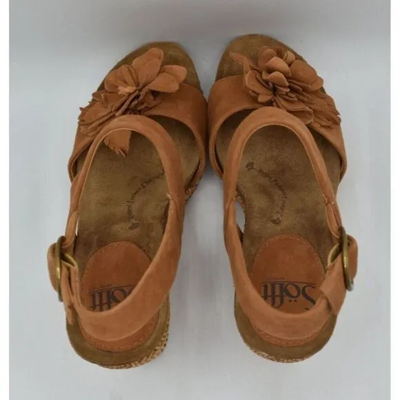 Sofft Womens Size 9.5 Cali Ginger Tan Suede Wedge Open Toe Floral Sandals Shoes