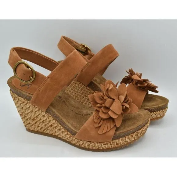 Sofft Womens Size 9.5 Cali Ginger Tan Suede Wedge Open Toe Floral Sandals Shoes