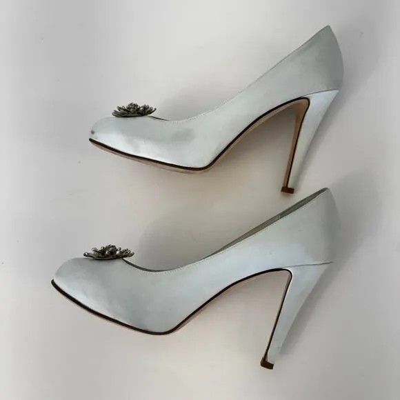 Something Bleu Satin Embellished Flower Pumps Shoes Bridal Wedding Ivory 8.5