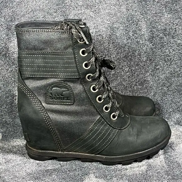 Sorel Womens Lexie Wedge Leather Boot  Black size 9.5
