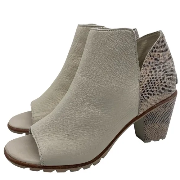 Sorel Womens Shoes Nadia Booties 9.5 White Beige Snake Leather Heeled Open Toe