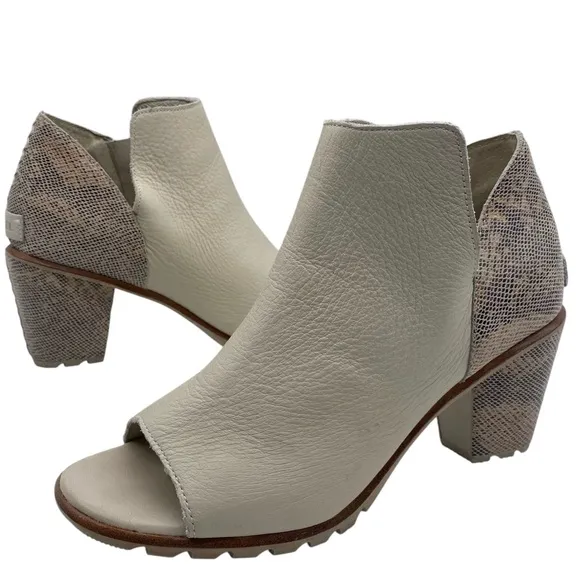Sorel Womens Shoes Nadia Booties 9.5 White Beige Snake Leather Heeled Open Toe