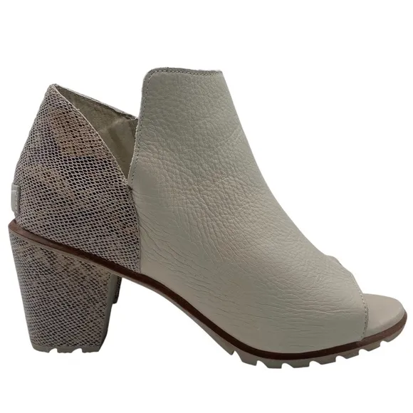Sorel Womens Shoes Nadia Booties 9.5 White Beige Snake Leather Heeled Open Toe