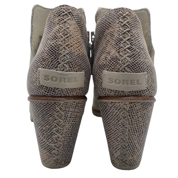 Sorel Womens Shoes Nadia Booties 9.5 White Beige Snake Leather Heeled Open Toe