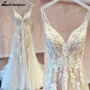 Spaghetti Straps A Line Wedding Dress Lace Appliques Beading Tulle V Neck Sleeveless Bridal Gown robe de mariée bohème 2022