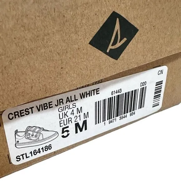Sperry Crest Vibe Jr Leather Sneaker Girl's Size‎ 5M All White Shoes