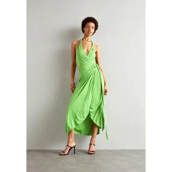 Staud Reagan Wrap Dress in Kiwi Small New Womens Midi Jersey Cocktail