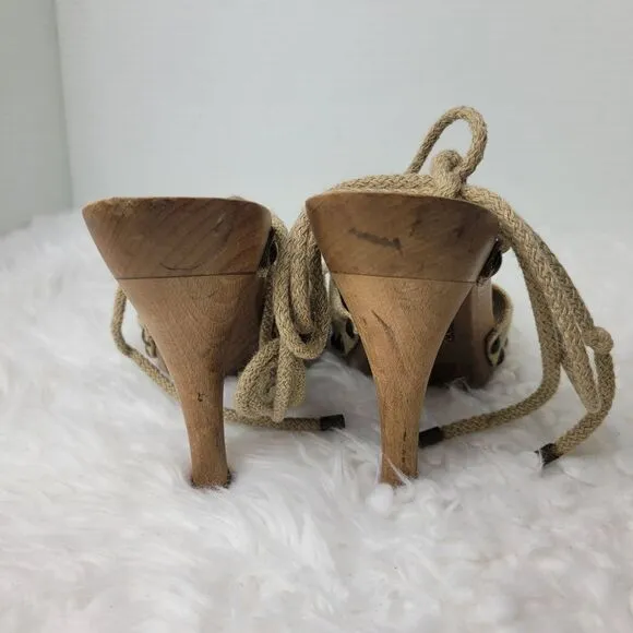Stella McCartney Womens Shoes  Size 6.5 Beige Fabric Wooden Ankle Wrap Heel