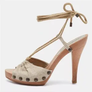 Stella McCartney Womens Shoes  Size 6.5 Beige Fabric Wooden Ankle Wrap Heel