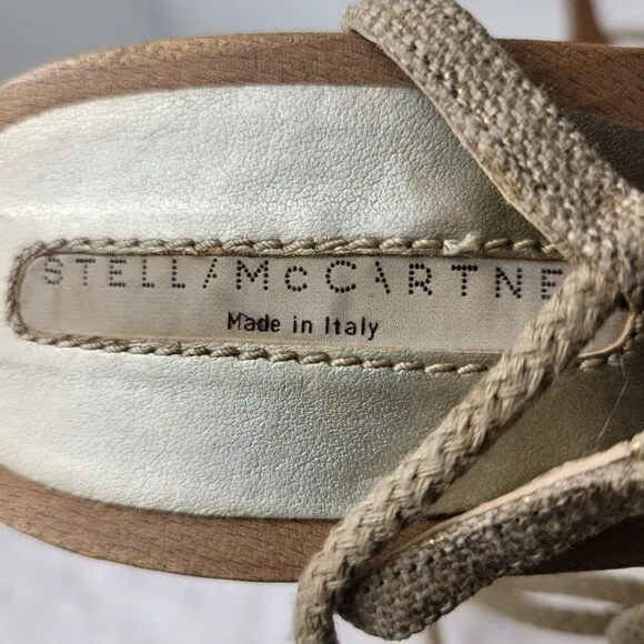 Stella McCartney Womens Shoes  Size 6.5 Beige Fabric Wooden Ankle Wrap Heel