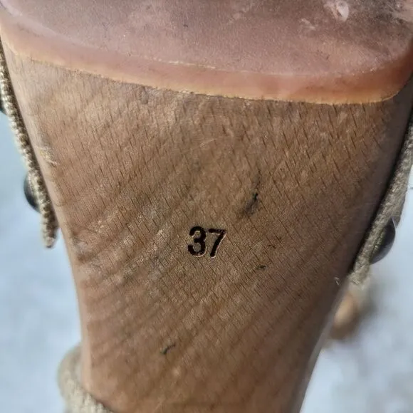 Stella McCartney Womens Shoes  Size 6.5 Beige Fabric Wooden Ankle Wrap Heel