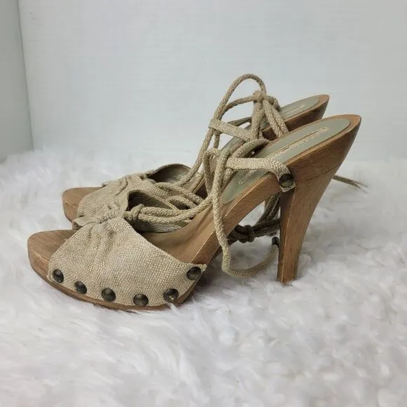 Stella McCartney Womens Shoes  Size 6.5 Beige Fabric Wooden Ankle Wrap Heel
