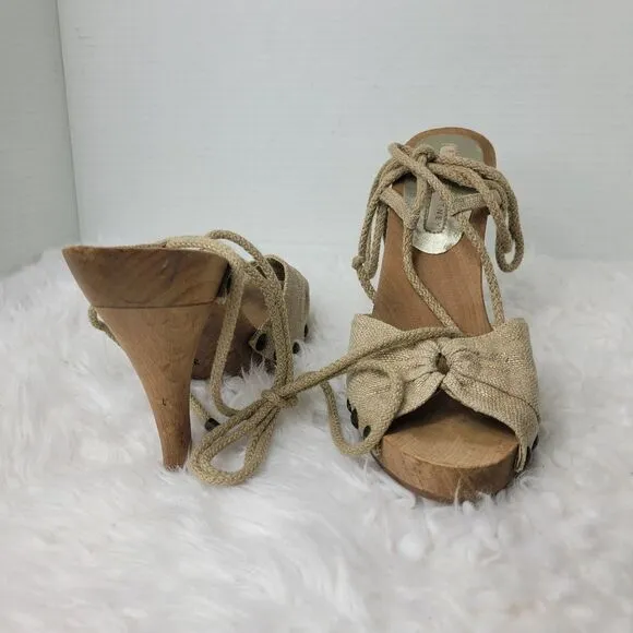 Stella McCartney Womens Shoes  Size 6.5 Beige Fabric Wooden Ankle Wrap Heel
