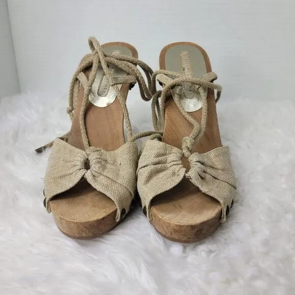 Stella McCartney Womens Shoes  Size 6.5 Beige Fabric Wooden Ankle Wrap Heel