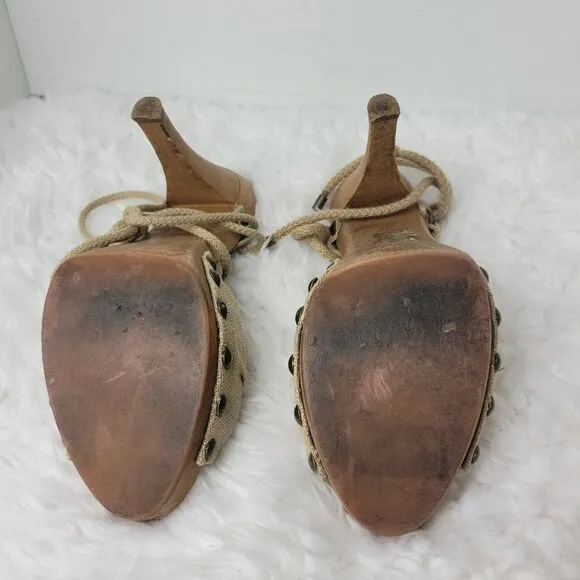 Stella McCartney Womens Shoes  Size 6.5 Beige Fabric Wooden Ankle Wrap Heel