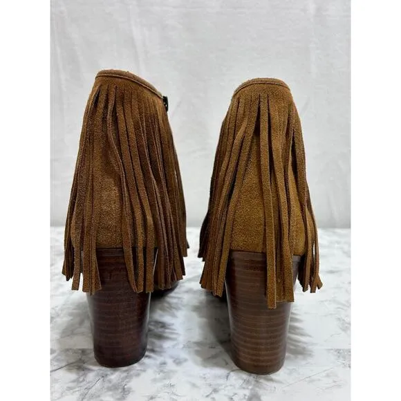 Steve Madden Newporte Chestnut Suede Leather Fringe Shoes 9B Inner Zip Open Toe