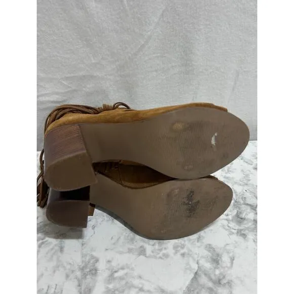 Steve Madden Newporte Chestnut Suede Leather Fringe Shoes 9B Inner Zip Open Toe