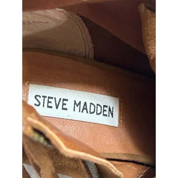 Steve Madden Newporte Chestnut Suede Leather Fringe Shoes 9B Inner Zip Open Toe