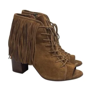 Steve Madden Newporte Chestnut Suede Leather Fringe Shoes 9B Inner Zip Open Toe