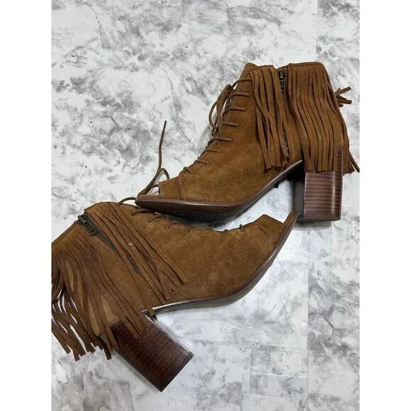 Steve Madden Newporte Chestnut Suede Leather Fringe Shoes 9B Inner Zip Open Toe
