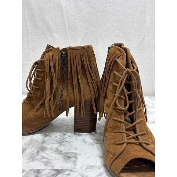 Steve Madden Newporte Chestnut Suede Leather Fringe Shoes 9B Inner Zip Open Toe