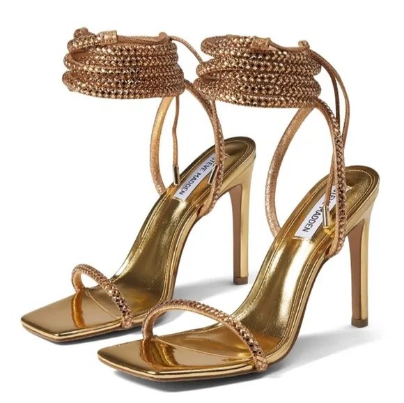 Steve Madden Uplift Gold Rhinestone lace up high heel Sandals Size 9 New