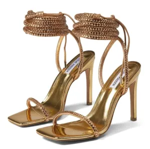 Steve Madden Uplift Gold Rhinestone lace up high heel Sandals Size 9 New