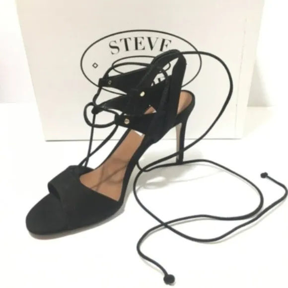 Steve Madden Womens Black Suede Open Toe Lace Up Heeled Sandals Sz 9.5 NIB