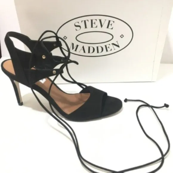 Steve Madden Womens Black Suede Open Toe Lace Up Heeled Sandals Sz 9.5 NIB