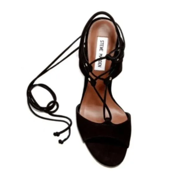 Steve Madden Womens Black Suede Open Toe Lace Up Heeled Sandals Sz 9.5 NIB