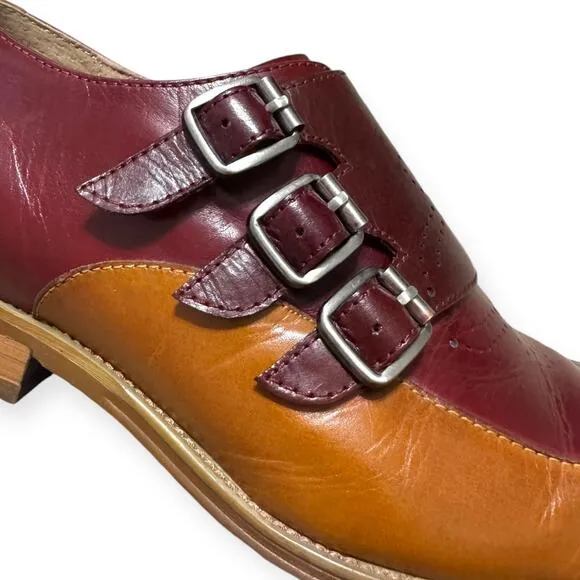 Steven Land Triple Monk Strap Cognac Oxblood Pointed Toe Wingtip Shoes Men's 8.5