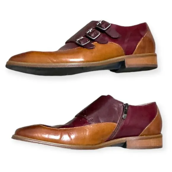 Steven Land Triple Monk Strap Cognac Oxblood Pointed Toe Wingtip Shoes Men's 8.5